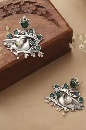 Bird Carved Earrings With Green Stone