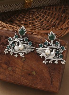 Bird Carved Earrings With Green Stone 5