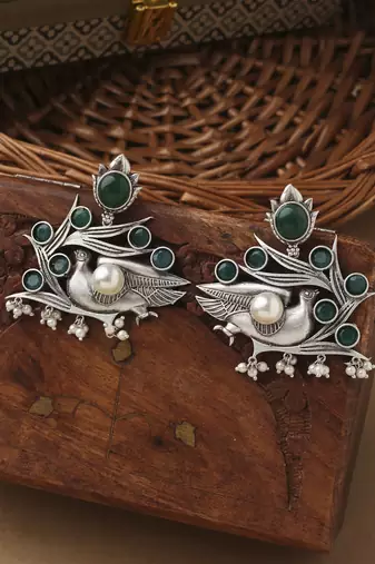 Bird Carved Earrings With Green Stone