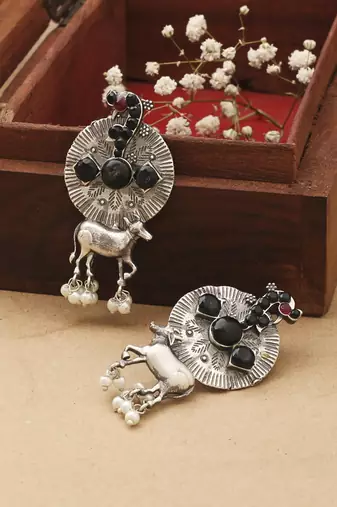Oxidised Earrings With Black Stones