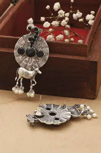 Oxidised Earrings With Black Stones