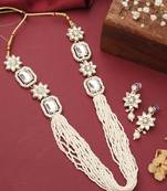 White Gold Beaded Jewellery With Floral Earrings