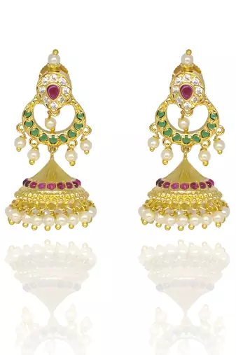 Gold toned kemp jhumka jhumki earrings ruby emerald