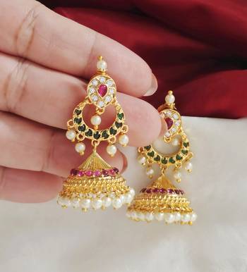 Gold toned kemp jhumka jhumki earrings ruby emerald 3