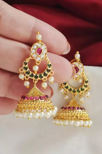 Gold toned kemp jhumka jhumki earrings ruby emerald