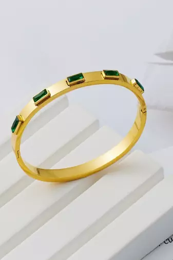 Green stone 18k plated stainless steel cuff bracelet