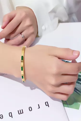 Green stone 18k plated stainless steel cuff bracelet