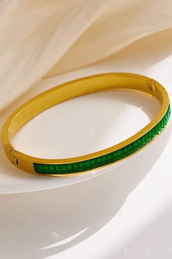 Lux green zircon 18k plated stainless steel cuff bracelet