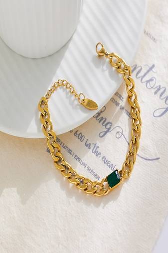 Green stone 18k gold plated link chain bracelet