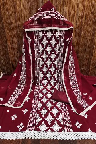Maroon colour with embroidered work georgette semi stitched dress with unstitched bottom