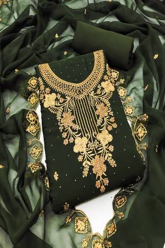 Green colour with embroidered work georgette semi stitched dress with unstitched bottom