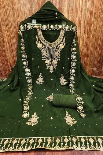 Green colour with embroidered work georgette semi stitched dress with unstitched bottom