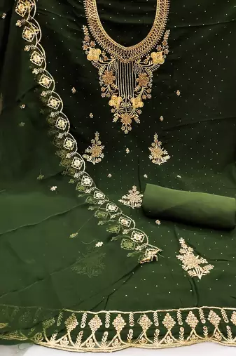 Green colour with embroidered work georgette semi stitched dress with unstitched bottom