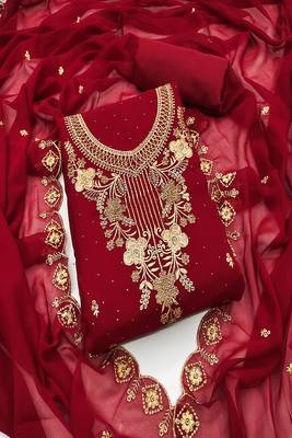 Maroon colour with embroidered work georgette semi stitched dress with unstitched bottom 1