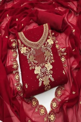 Maroon colour with embroidered work georgette semi stitched dress with unstitched bottom