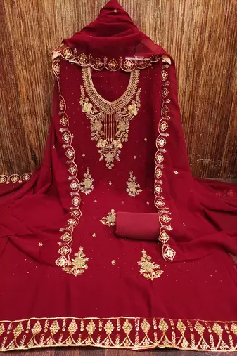 Maroon colour with embroidered work georgette semi stitched dress with unstitched bottom