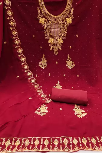Maroon colour with embroidered work georgette semi stitched dress with unstitched bottom