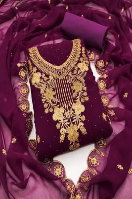 Purple colour with embroidered work georgette semi stitched dress with unstitched bottom 1
