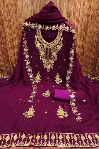 Purple colour with embroidered work georgette semi stitched dress with unstitched bottom