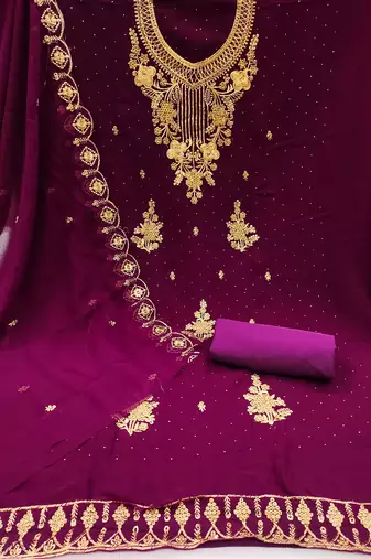 Purple colour with embroidered work georgette semi stitched dress with unstitched bottom