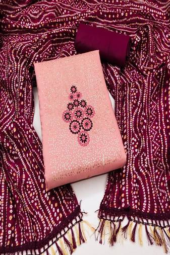 Pink colour with embroidered work cotton semi stitched dress with unstitched bottom