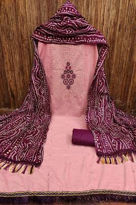 Pink colour with embroidered work cotton semi stitched dress with unstitched bottom 2