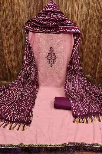 Pink colour with embroidered work cotton semi stitched dress with unstitched bottom