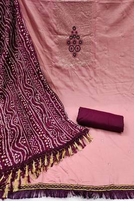Pink colour with embroidered work cotton semi stitched dress with unstitched bottom 3