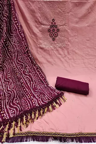 Pink colour with embroidered work cotton semi stitched dress with unstitched bottom