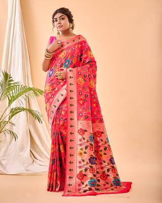 Psvan Pure Pink  Paithani Silk Blend Saree  With Meenakari Work And Paithani  With Saree And Blouse For Woman  1