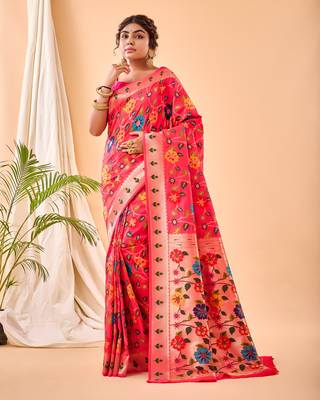 Psvan Pure Pink  Paithani Silk Blend Saree  With Meenakari Work And Paithani  With Saree And Blouse For Woman  2