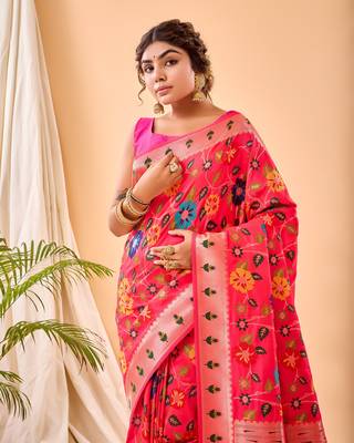Psvan Pure Pink  Paithani Silk Blend Saree  With Meenakari Work And Paithani  With Saree And Blouse For Woman  3