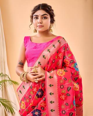 Psvan Pure Pink  Paithani Silk Blend Saree  With Meenakari Work And Paithani  With Saree And Blouse For Woman  4