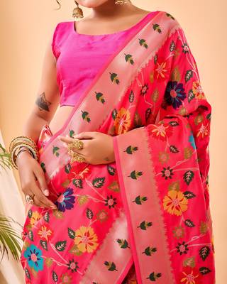 Psvan Pure Pink  Paithani Silk Blend Saree  With Meenakari Work And Paithani  With Saree And Blouse For Woman  5
