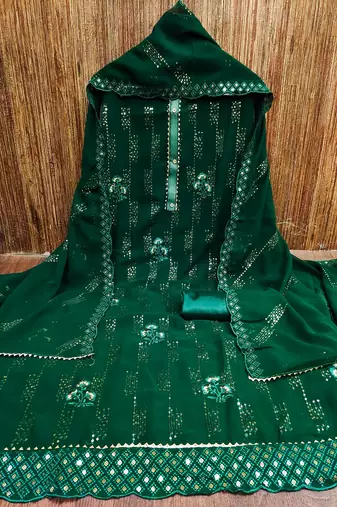 Green colour with heavy squince embroidered work oraganza semi stitched dress with unstitched bottom