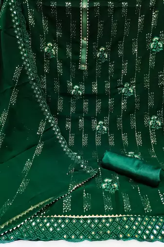 Green colour with heavy squince embroidered work oraganza semi stitched dress with unstitched bottom