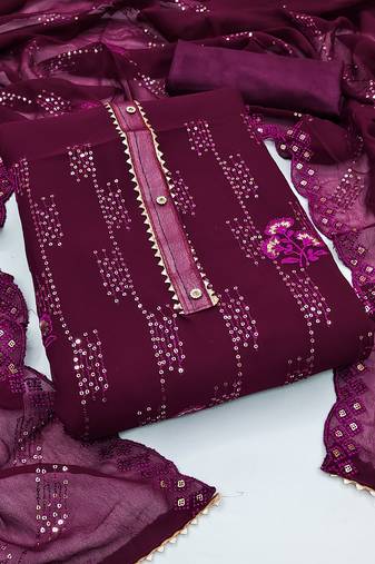 Maroon colour with heavy squince embroidered work oraganza semi stitched dress with unstitched bottom