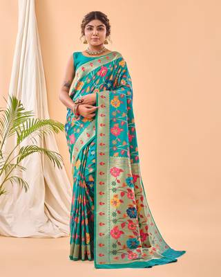 Psvan Pure Rama  Paithani Silk Blend Saree  With Meenakari Work And Paithani  With Saree And Blouse For Woman  1