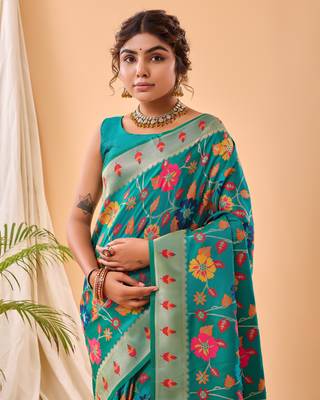 Psvan Pure Rama  Paithani Silk Blend Saree  With Meenakari Work And Paithani  With Saree And Blouse For Woman  2