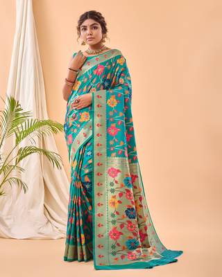 Psvan Pure Rama  Paithani Silk Blend Saree  With Meenakari Work And Paithani  With Saree And Blouse For Woman  3