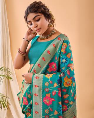 Psvan Pure Rama  Paithani Silk Blend Saree  With Meenakari Work And Paithani  With Saree And Blouse For Woman  4