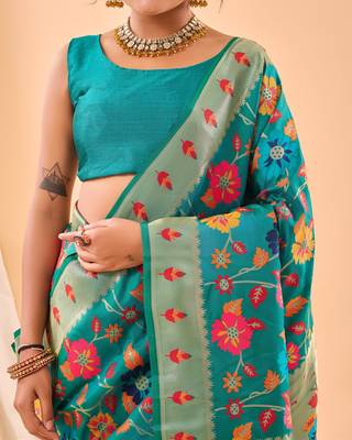 Psvan Pure Rama  Paithani Silk Blend Saree  With Meenakari Work And Paithani  With Saree And Blouse For Woman  5