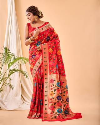  Psvan Pure Red Paithani Silk Blend Saree  With Meenakari Work And Paithani  With Saree And Blouse For Woman  1