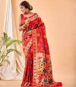  Psvan Pure Red Paithani Silk Blend Saree  With Meenakari Work And Paithani  With Saree And Blouse For Woman 