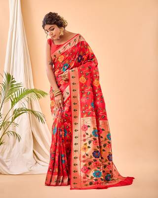  Psvan Pure Red Paithani Silk Blend Saree  With Meenakari Work And Paithani  With Saree And Blouse For Woman  2