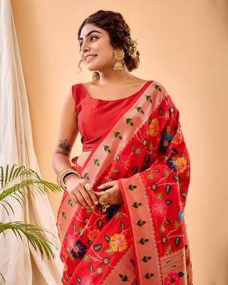  Psvan Pure Red Paithani Silk Blend Saree  With Meenakari Work And Paithani  With Saree And Blouse For Woman  3