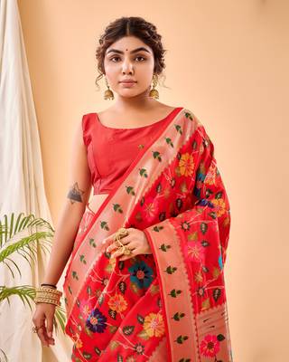  Psvan Pure Red Paithani Silk Blend Saree  With Meenakari Work And Paithani  With Saree And Blouse For Woman  4