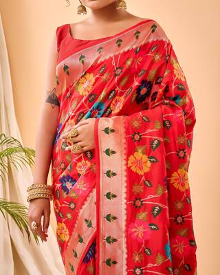  Psvan Pure Red Paithani Silk Blend Saree  With Meenakari Work And Paithani  With Saree And Blouse For Woman  5