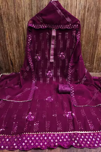 Maroon colour with heavy squince embroidered work oraganza semi stitched dress with unstitched bottom