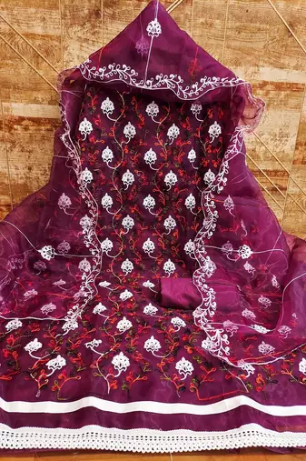 Purple colour with heavy squince embroidered work oraganza semi stitched dress with unstitched bottom